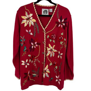 Vintage Storybrook Knits Long Sweater Cardigan Embroidered Poinsettia Large